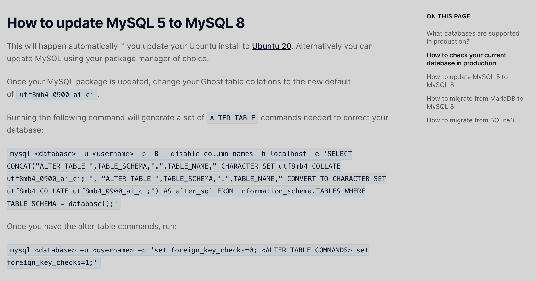 MySQL 버전 업그레이드 후 실행해야 하는 커맨드들을 안내하는 문서. 이미지 출처: https://ghost.org/docs/faq/supported-databases